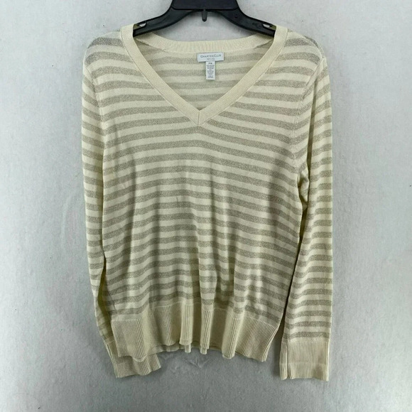 Charter Club Sweater Womens Sz PM Beige Gray Striped V-Neck Metallic Pullover - Picture 1 of 12